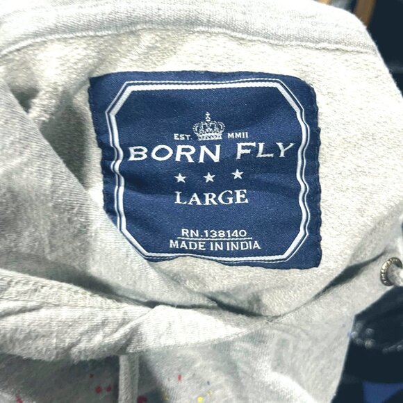 Born Fly Forever Gray Hoodie With Colorful Splatter Graphic and Drawstring Hood - Picture 7 of 7